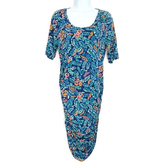 Motherhood Maternity Rushed Stretch Knit DRESS Midi Floral Blue Rayon Spandex M - Picture 2 of 12
